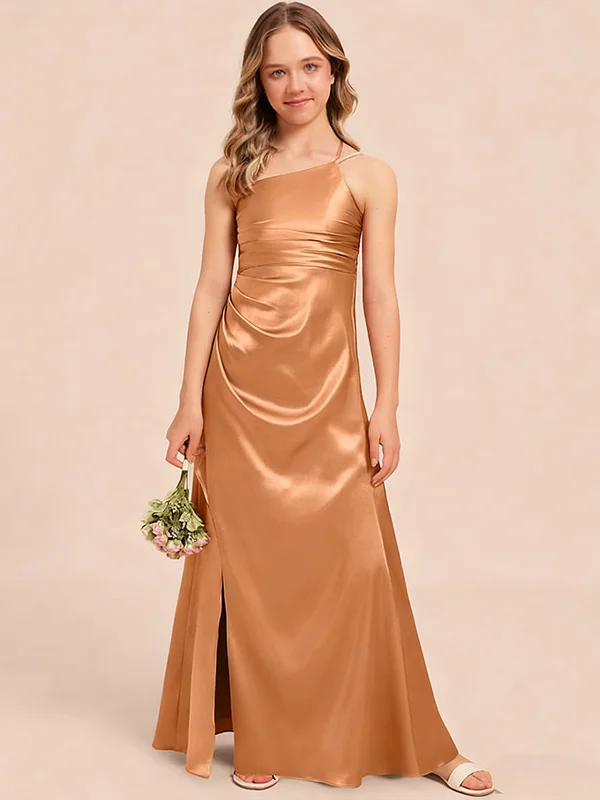 Satin Sleeveless High-Waisted Long A-Line Junior Bridesmaid Dress With Pleated And Split | JB044 Wellcucu