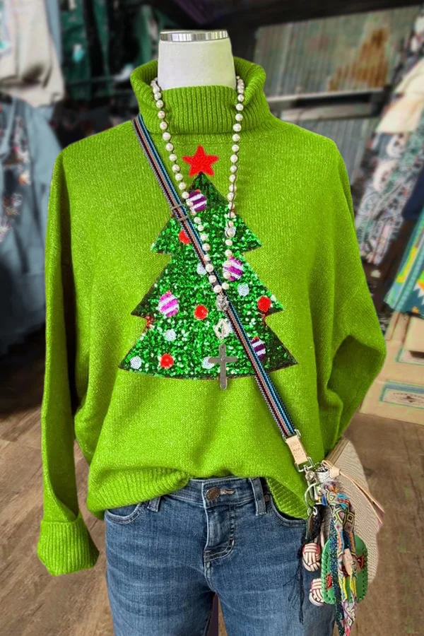 Casual Sequin Christmas Tree Turtleneck Sweatshirt