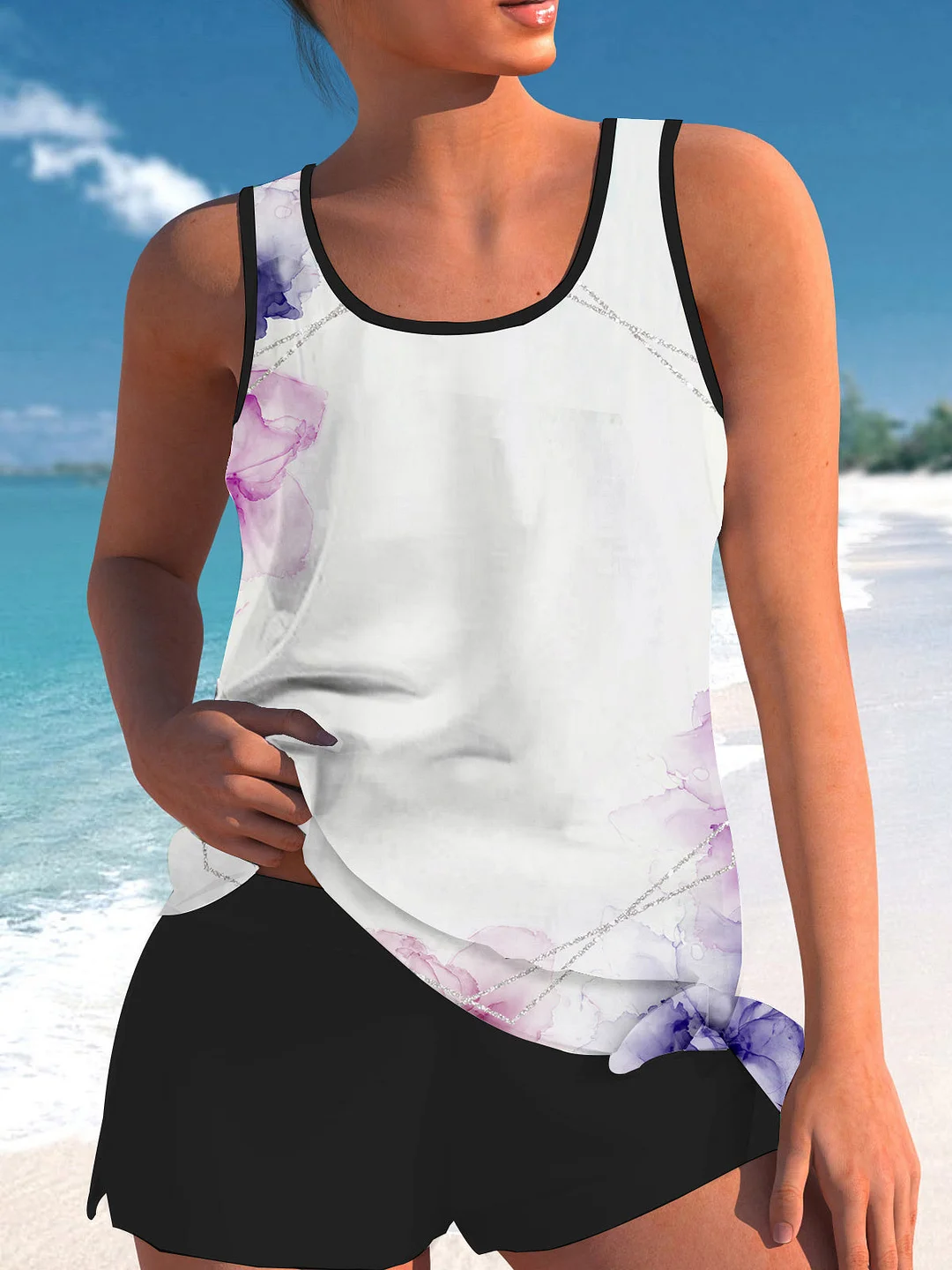 Bowknot White Graphic Printed Mid Waisted Tankini Set - Plus Size Available