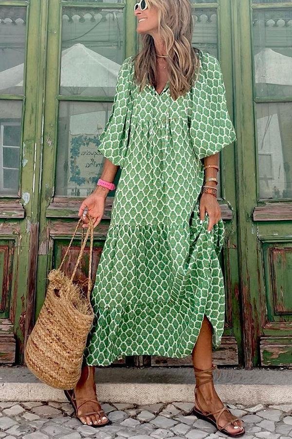 Printed V-neck Mid-sleeve Dress P14275