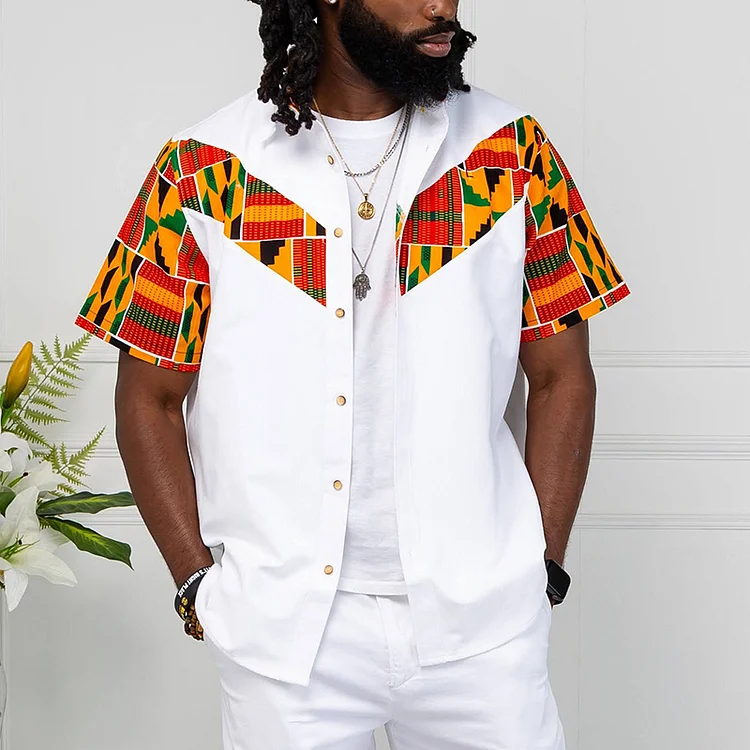 BrosWear Symmetrical Panel African Ethnic Print Short Sleeve Shirt