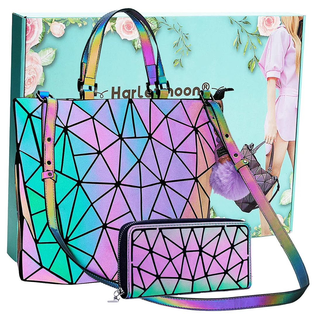 Holographic Geometric Tote Handbag Purse for Women girl Luminous Backpack Purse and tote bag set Crossybody Lady Purse