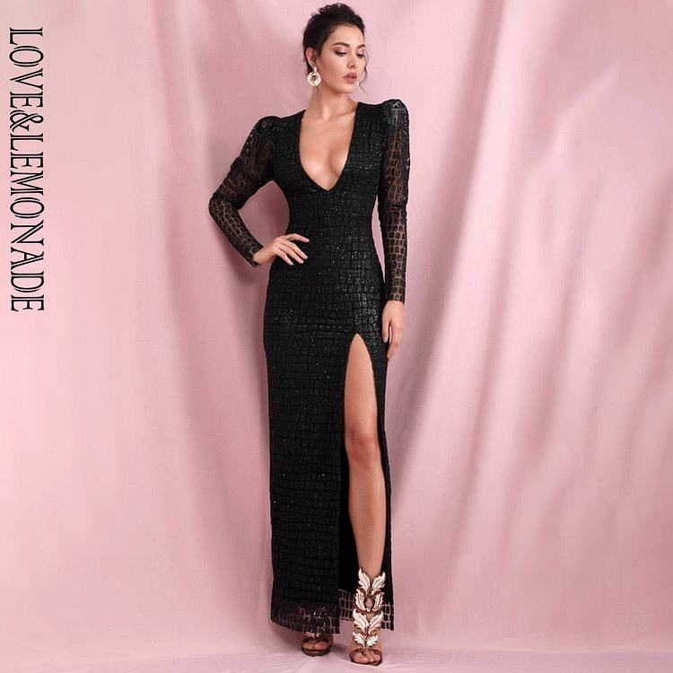 Sexy Black V-Neck Bubble Long Sleeve Whit Split Glitter Glue Material Party Maxi Dress LM82256 - BlackFridayBuys