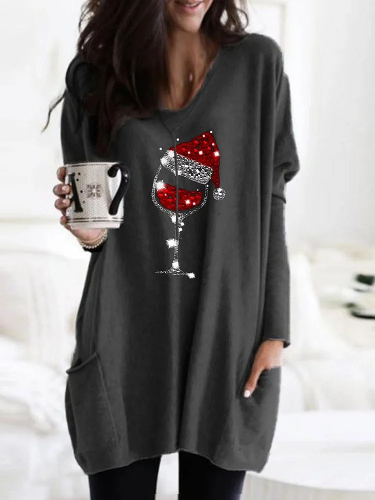Women's Christmas Hat Pattern Print Long Style T-shirt With Front Pockets socialshop