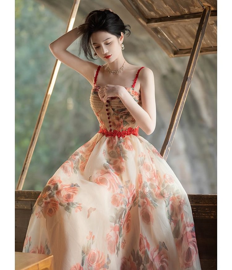 Spaghetti Strap Floral Print Midi A-Line Dress YP4302