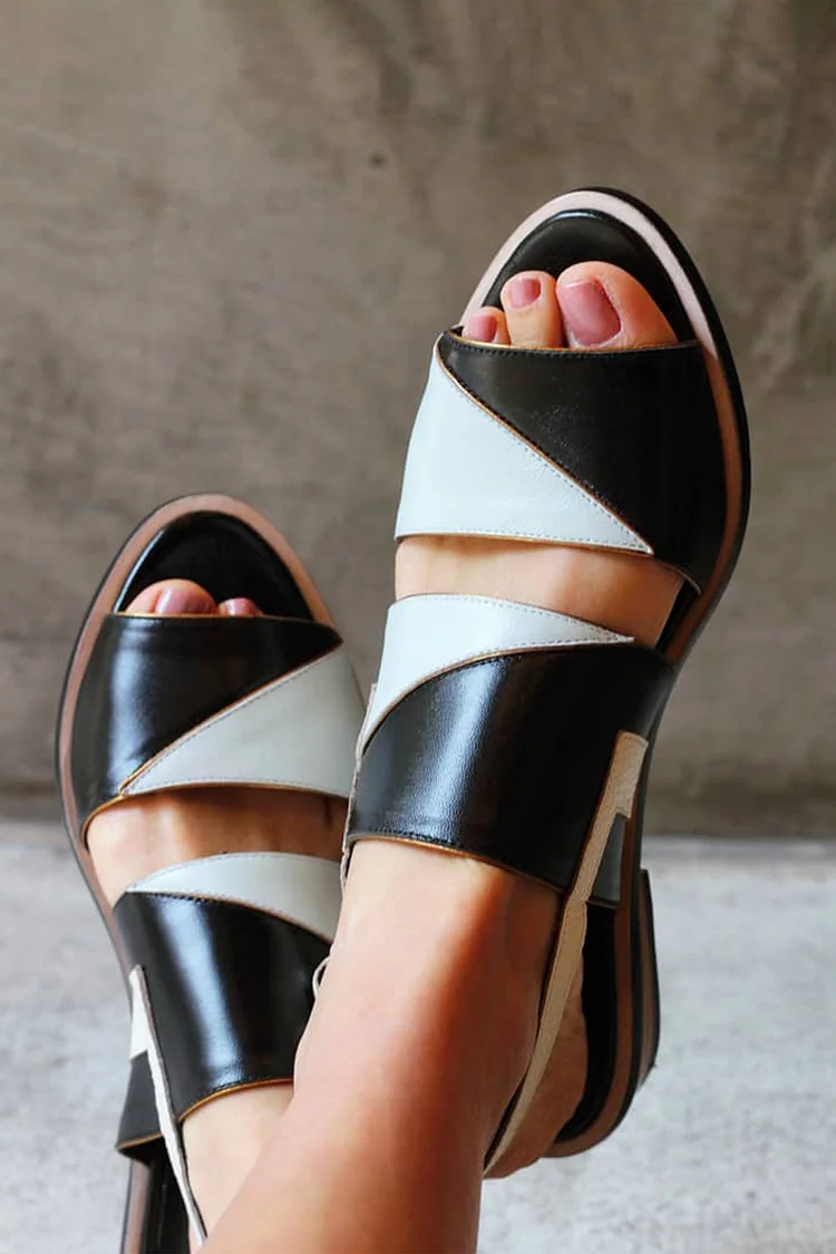 Colorblock Slingback Strap Peep Toe Low Block Heels Black Sandals