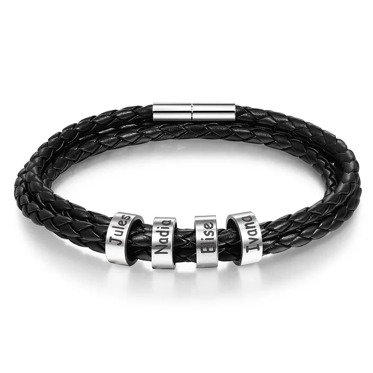 Mens Leather Braided Bracelet With 4 Custom Beads Engarved 4 Names Personalized Bracelet Black