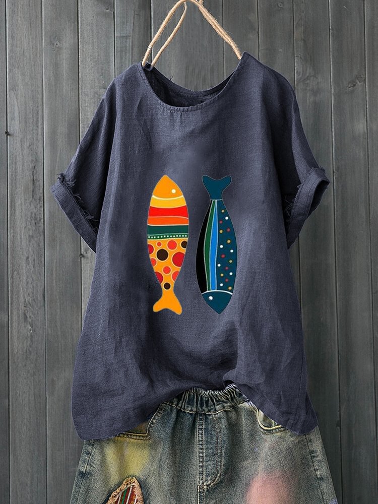 Cartoon Fish Printed Short Sleeve O Neck T shirt P1659143