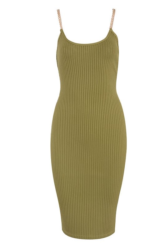 Solid Chain Sleeveless Ribbed Bandage Dress - BlackFridayBuys