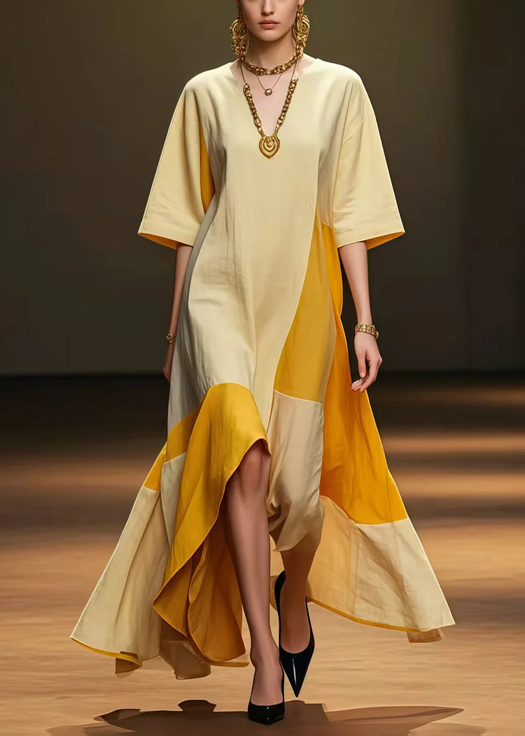DIY Light Yellow Asymmetrical Patchwork Silk Party Dress Summer