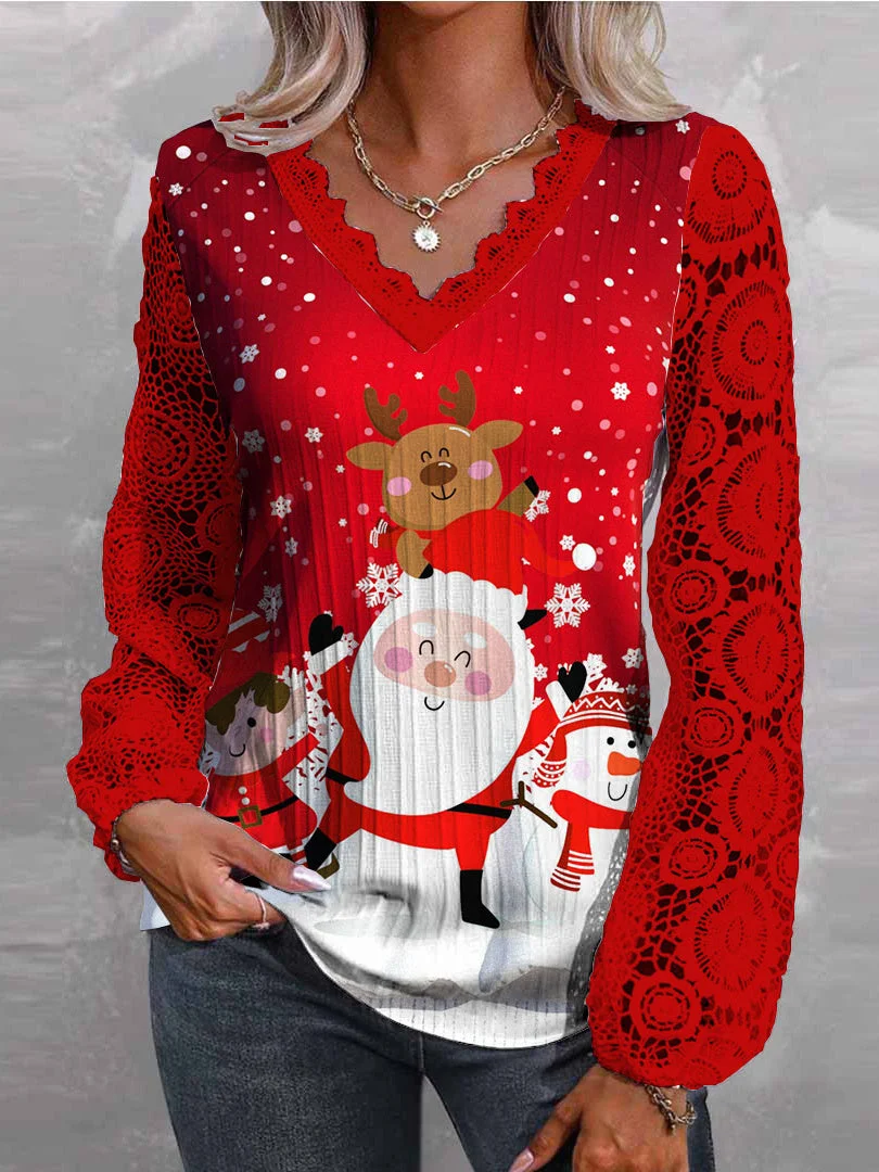 Women Long Sleeve V-neck Printed Graphic Lace Christmas Tops
