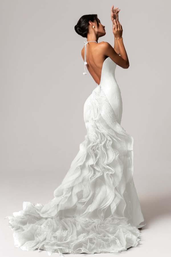 Lussooy Chic Halter Sleeveless Beaded Backless Mermaid Prom Dress with Ruffles
