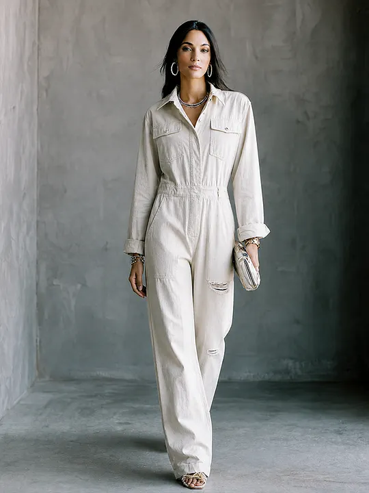 Women's Casual White Cotton Button-Front Patch Pocket Distressed Full-Length Jumpsuit MD