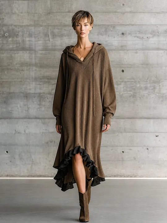 Women's Long Sleeve Hooded Corduroy Brown Dress MD