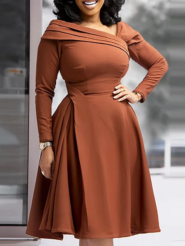 Solid Color Long Sleeves Plus Size Asymmetric Collar Midi Dresses