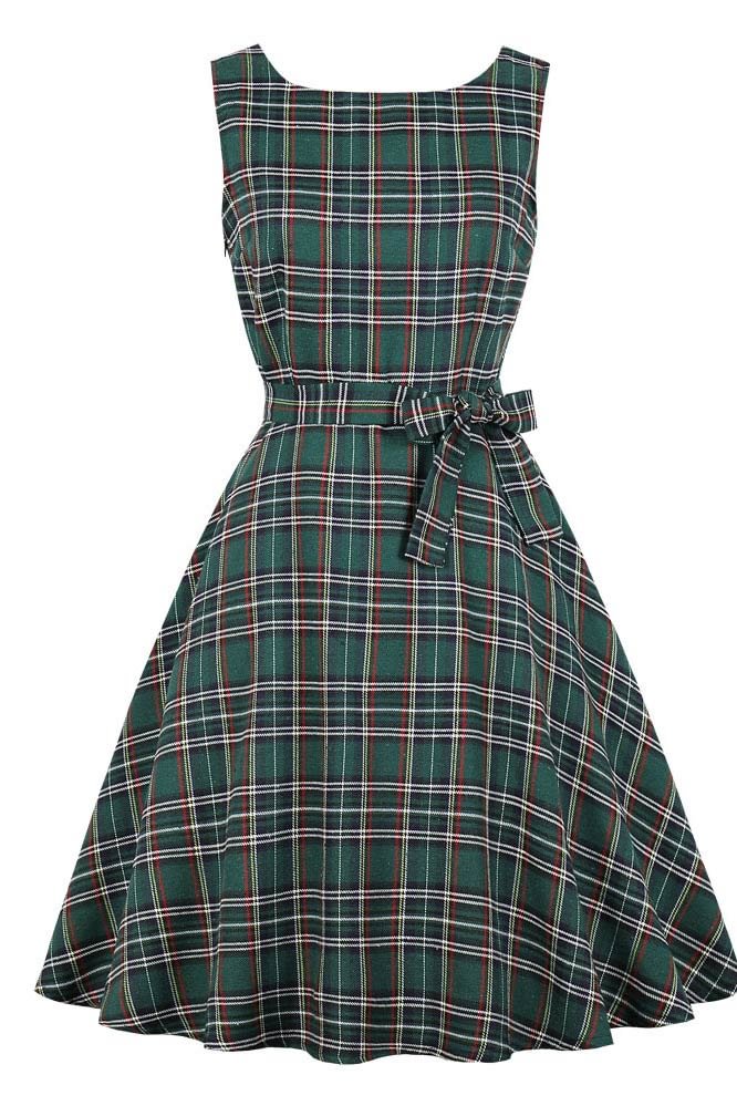 Green Plaid Sleeveless Vintage Dress - Life is Beautiful for You - SheChoic