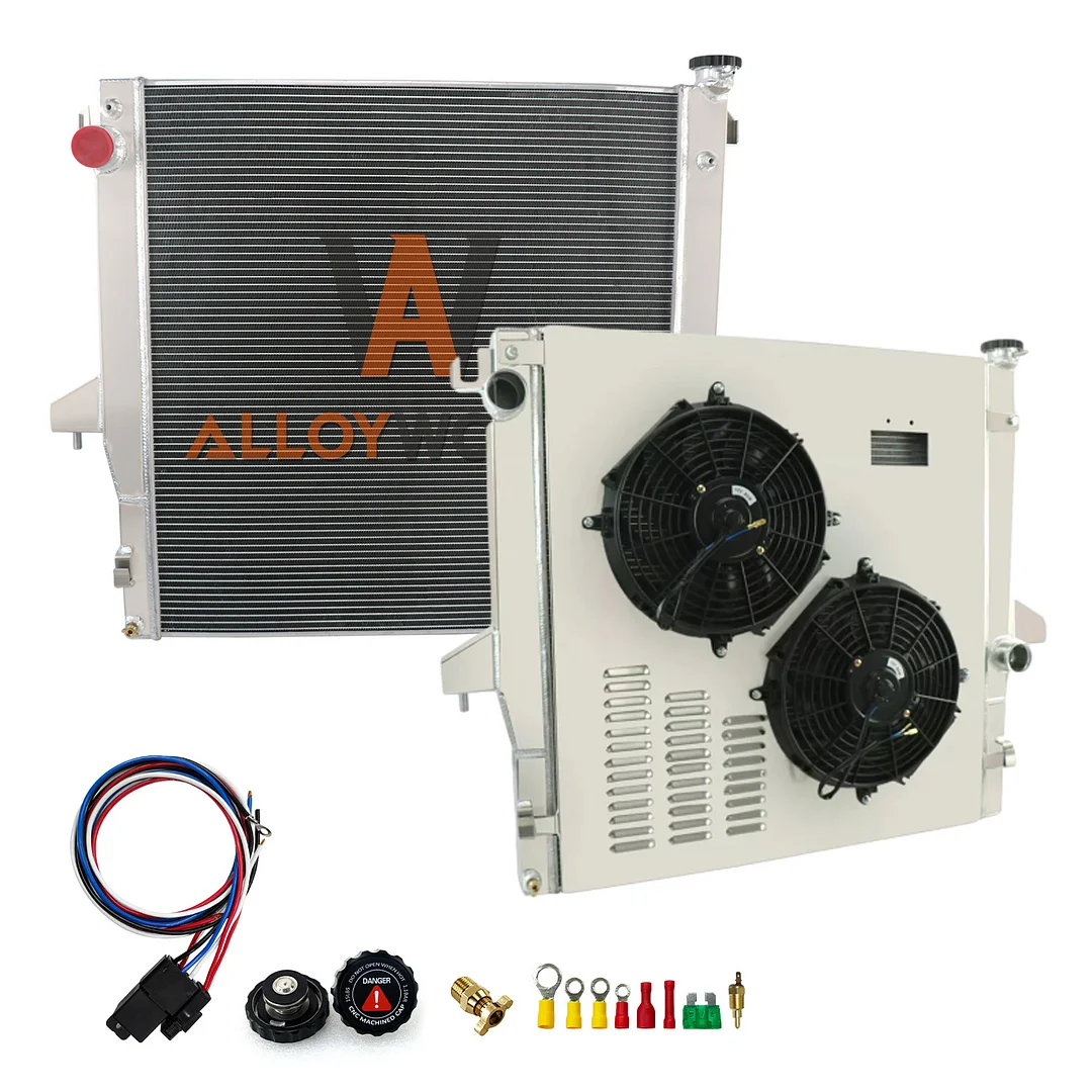 Alloyworks 4 Rows Aluminum Radiator with Shroud Fan Thermostat For 2003-2009 Dodge Ram Pickup 2500 3500 4000 4500 5.9L 6.7L Chassis Cab 30 2/5" x 37 7/8"