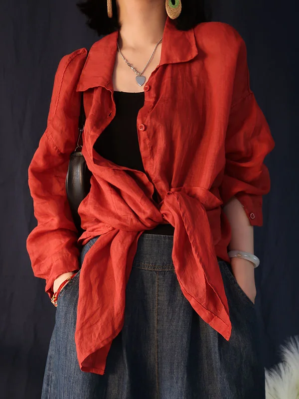 Long Sleeves Roomy Pure Color Lapel Blouses&Shirts Tops