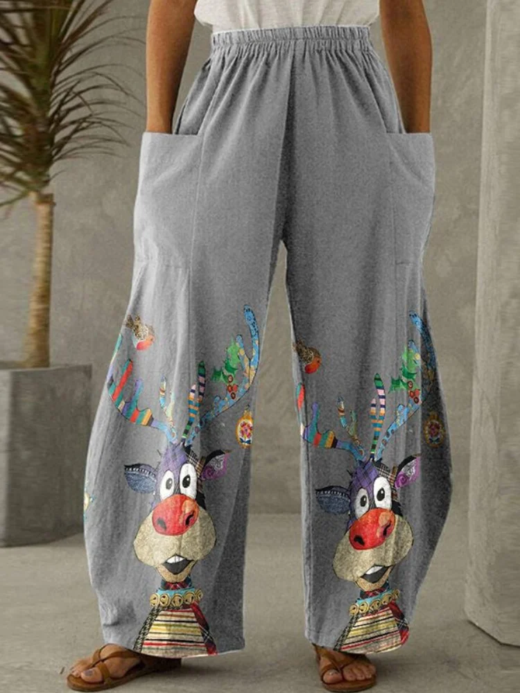 Vefave Christmas Elk Print Loose Pocket Lounge Pants