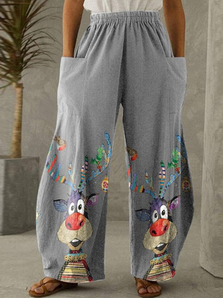 Christmas Elk Print Loose Pocket Lounge Pants