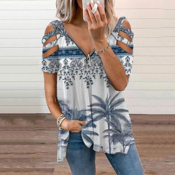 Vefave Vintage Totem Coconut Print Cutout T-Shirt