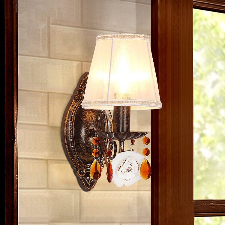 1 Light Curved Arm Sconce Vintage White Wall Mounted Light Fixture for Corridor with Cone Fabric Shade