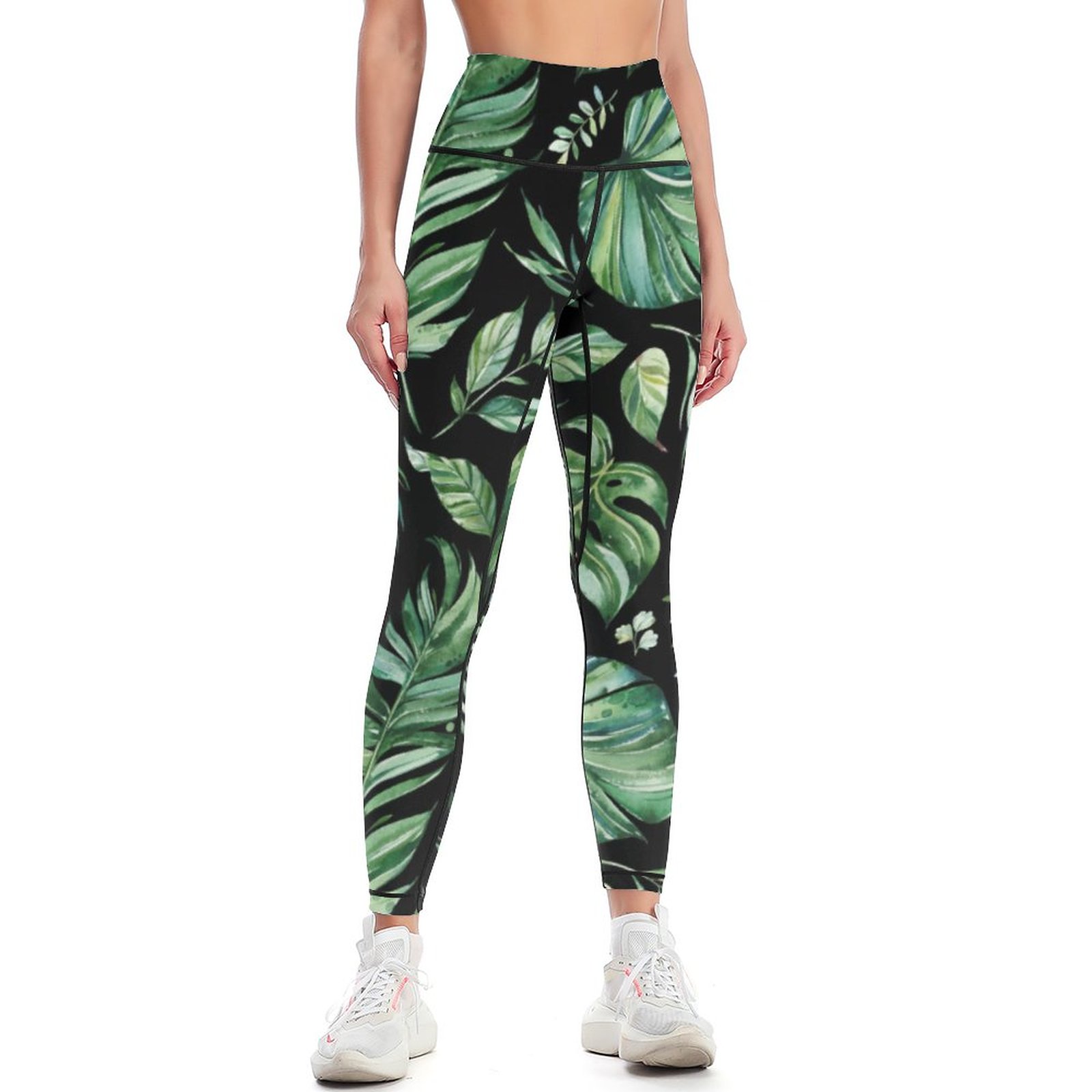 Green And Black Tropical Monstera Leaf Women Yoga Print Wideband Waist Sports Leggings Running Pant Black-M