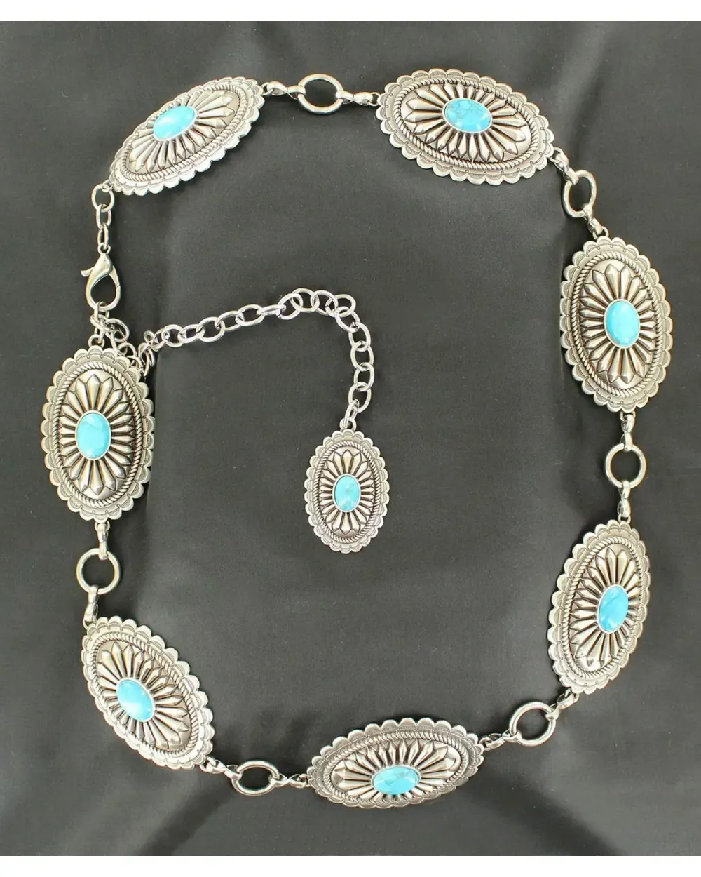 Haute Hippie Style Faux Turquoise, black Oval Concho silver toned Chain Belt Haute Hippie Cow Print Silver and Turquoise Chain Concho  main image 3