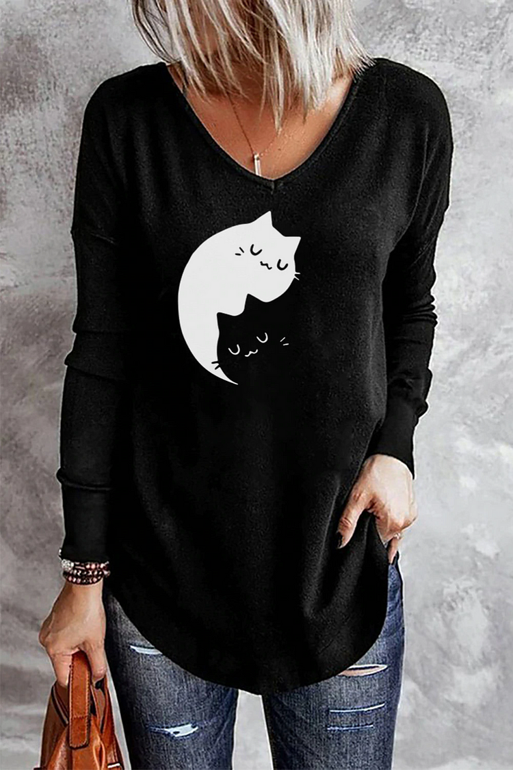Comstylish Black And White Cat Print Long Sleeve T-Shirt