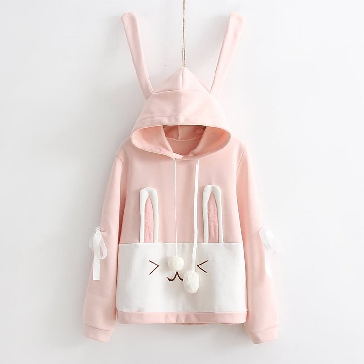 Pink Bunny Ear Hoodie Fleece Pullover SP1811968