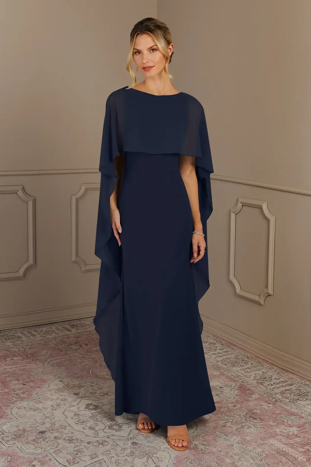 Daisda Chiffon Bateau Neck Cape Sleeves Long Mermaid Mother Of The Bride Dress