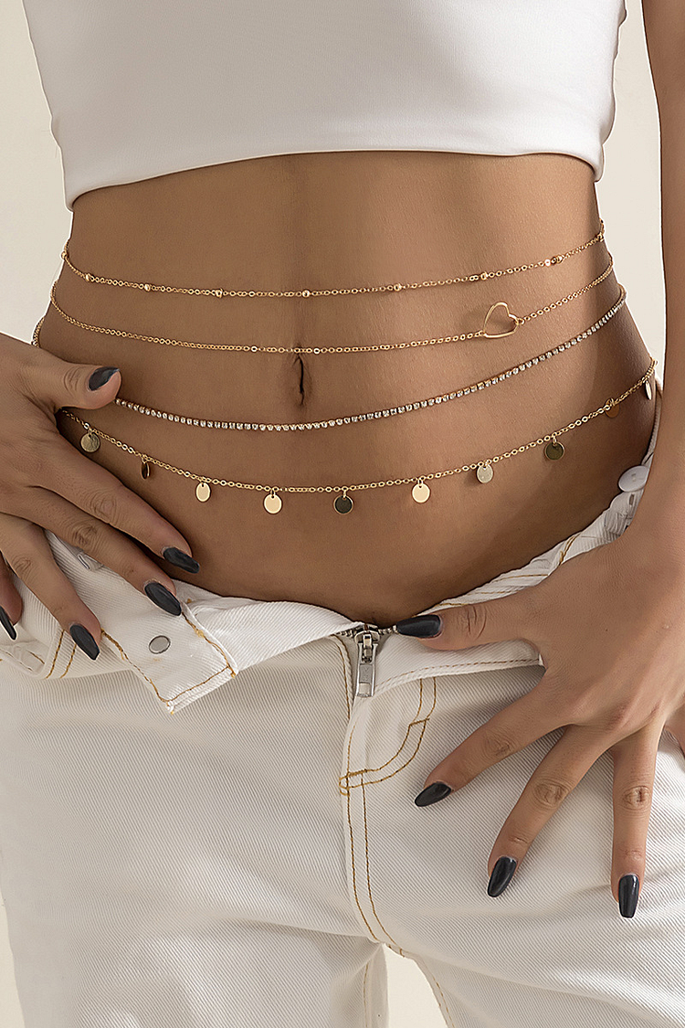 Sequin Rhinestone Alloy Multi-Layer Fashionable Waist Chain-Gold