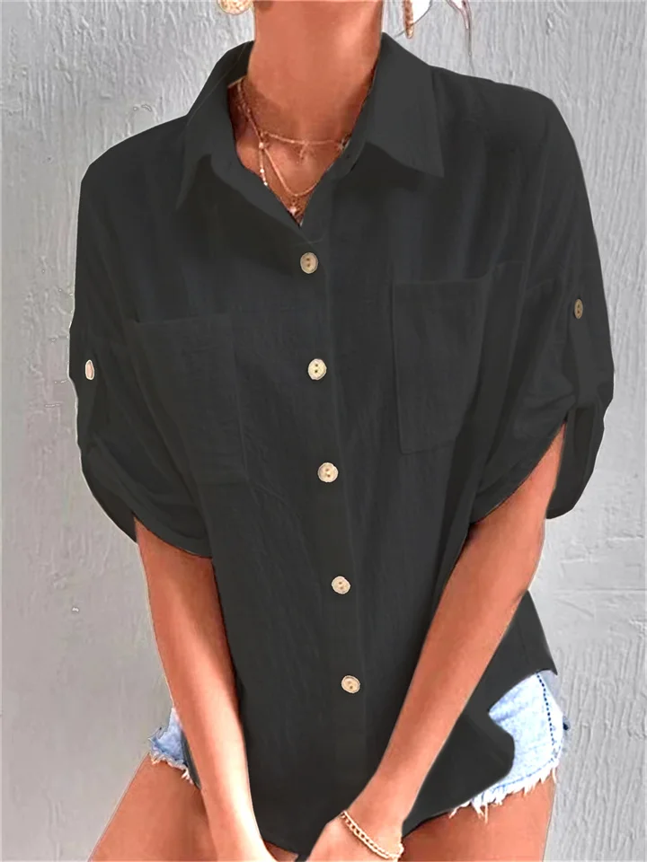 Summer Women's Shirts New Medium-sleeved Pocket Lapel Medium-length Cotton Linen Solid Color Shirt-JRSEE