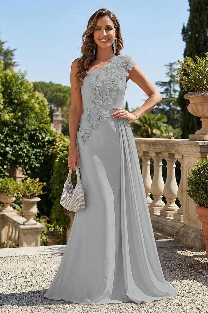 Daisda Pink One Shoulder Evening Dress in Satin with Flower and Side Train