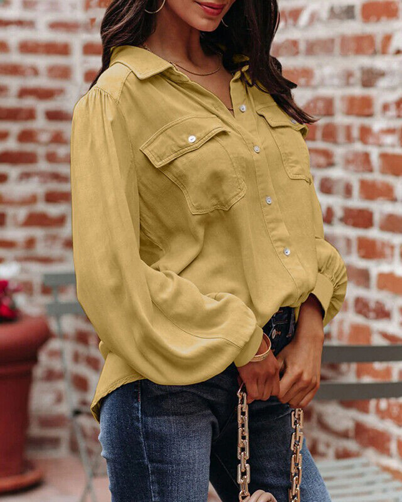 Balloon Long Sleeve Single Breasted Chest Flap Pockets Shirt
