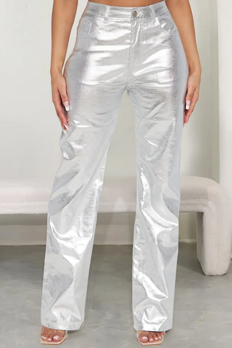 PU Leather High Waist Glossy Straight Leg Pants
