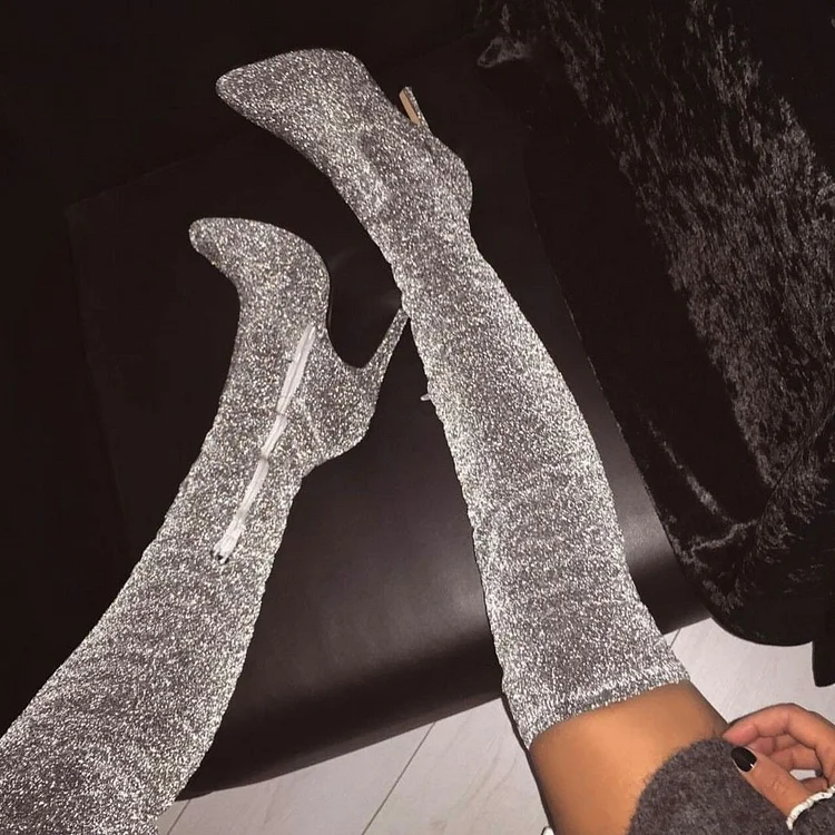 Silver Shining Long Boots Stiletto Heel Over-the-knee Boots |FSJ Shoes