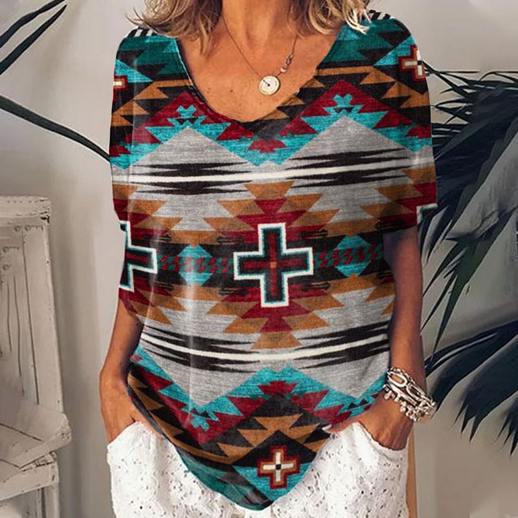 Vefave Vintage Cross Print Short Sleeve T-Shirt