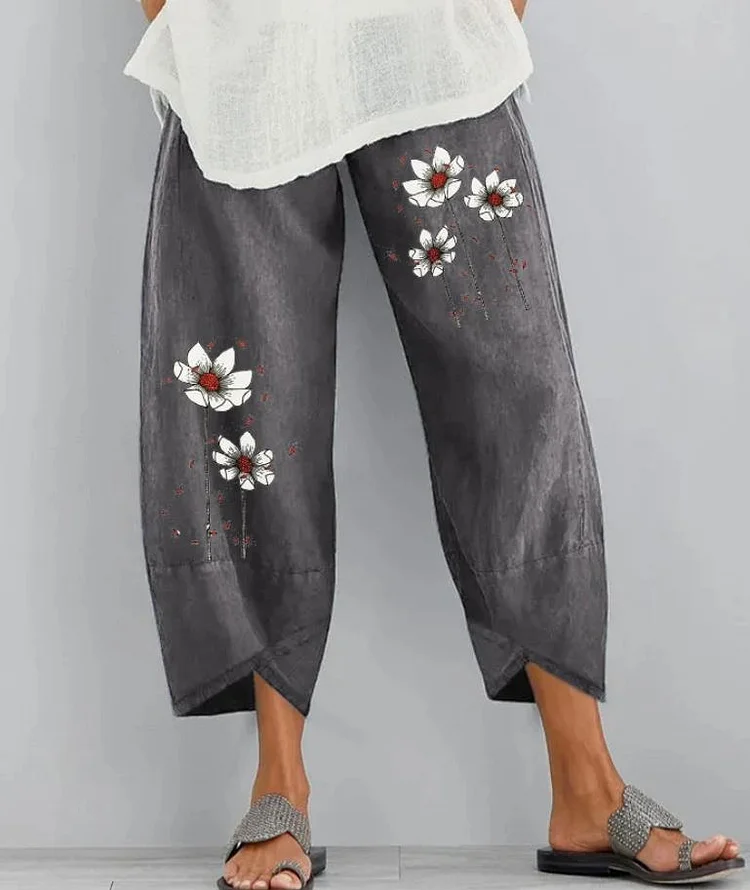 Loose dandelion print elastic waist pocket pants