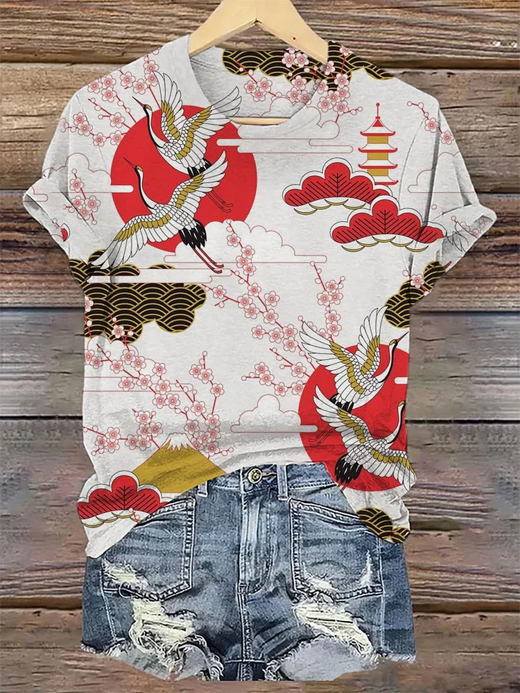 Women's Japanese Art Crane Print Crew Neck Top socialshop