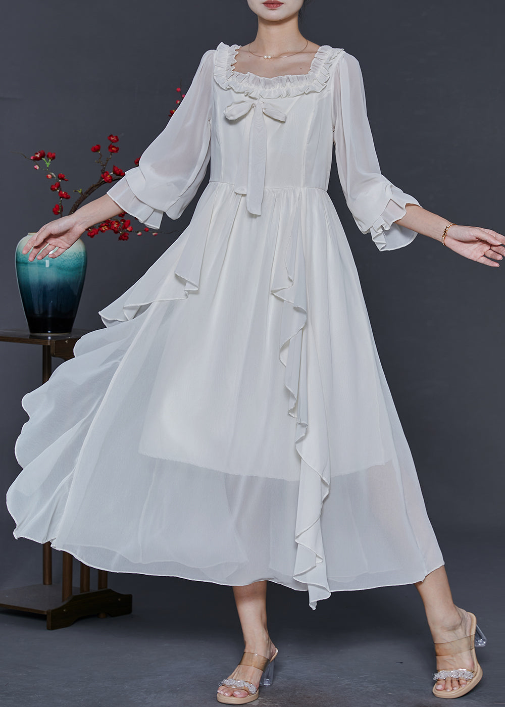 Square Neck Ruffle Chiffon Long Dress with Jacket Plum