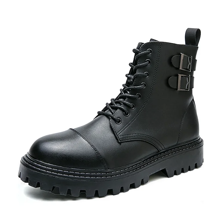 Faux Leather Round Toe Zip High Top Lace Up Buckle British Boots