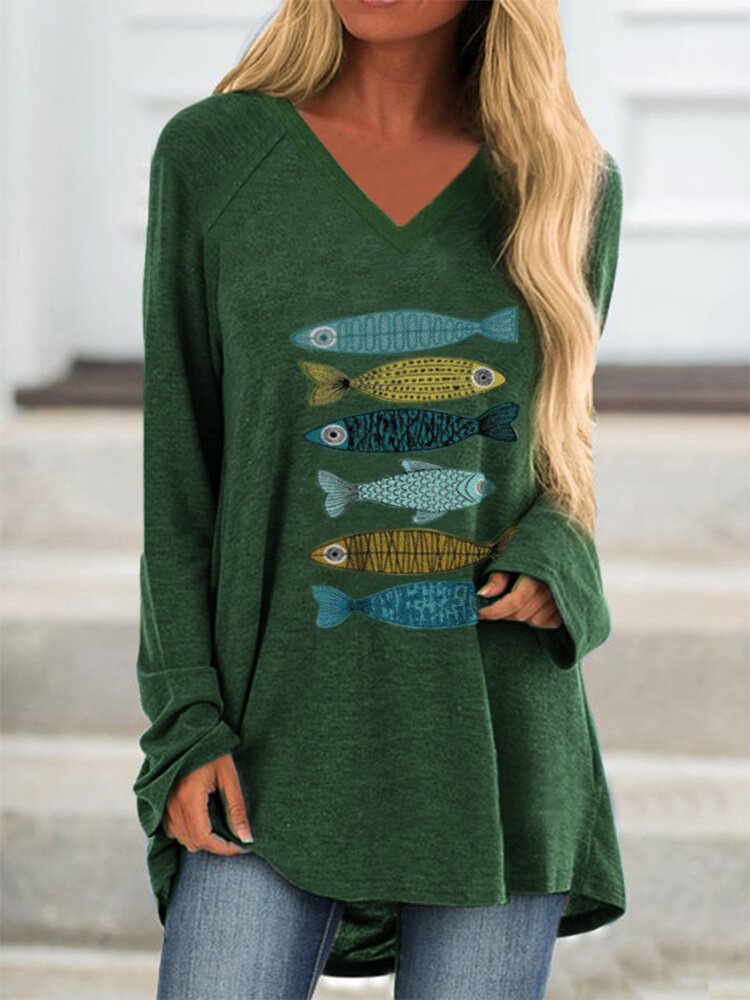 Casual Print Fish Long Sleeve Overhead Long T shirt P1703865