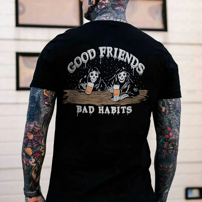 Good Friends Bad Habits Drunk Skeletons Print T-shirt -  