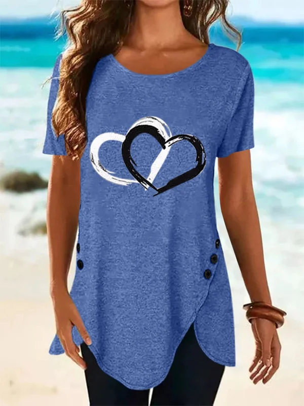 Irregular length heart shape button t-shirt