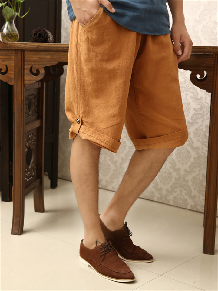 Men's Linen Shorts Summer Shorts Capri Pants Pocket Drawstring Elastic Waist Plain Calf-Length Outdoor Daily Going out Linen / Cotton Blend Basic Fashion turmeric Yellow Inelastic | 168DEAL