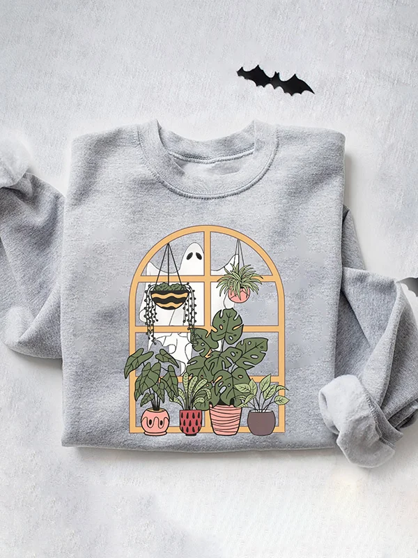 Halloween Ghost Plant Graphic Print Crew Neck Sweatshirt
