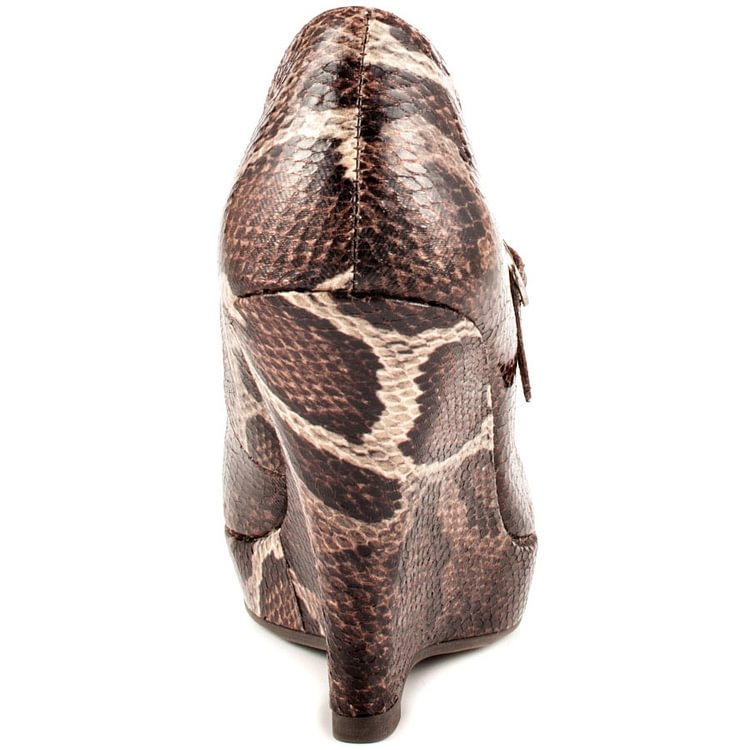 Brown Python Wedge Heels Mary Jane Shoes Peep Toe Platform Pumps |FSJ Shoes