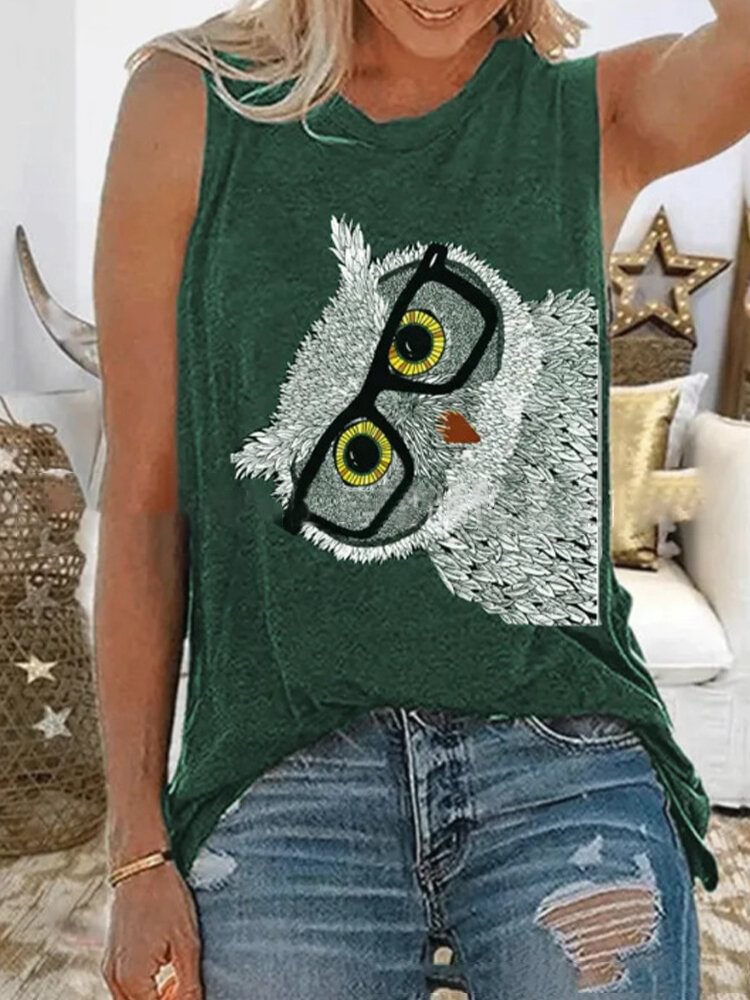 Cartoon Owl Print Sleeveless Casual Tank Tops For Women P1720386