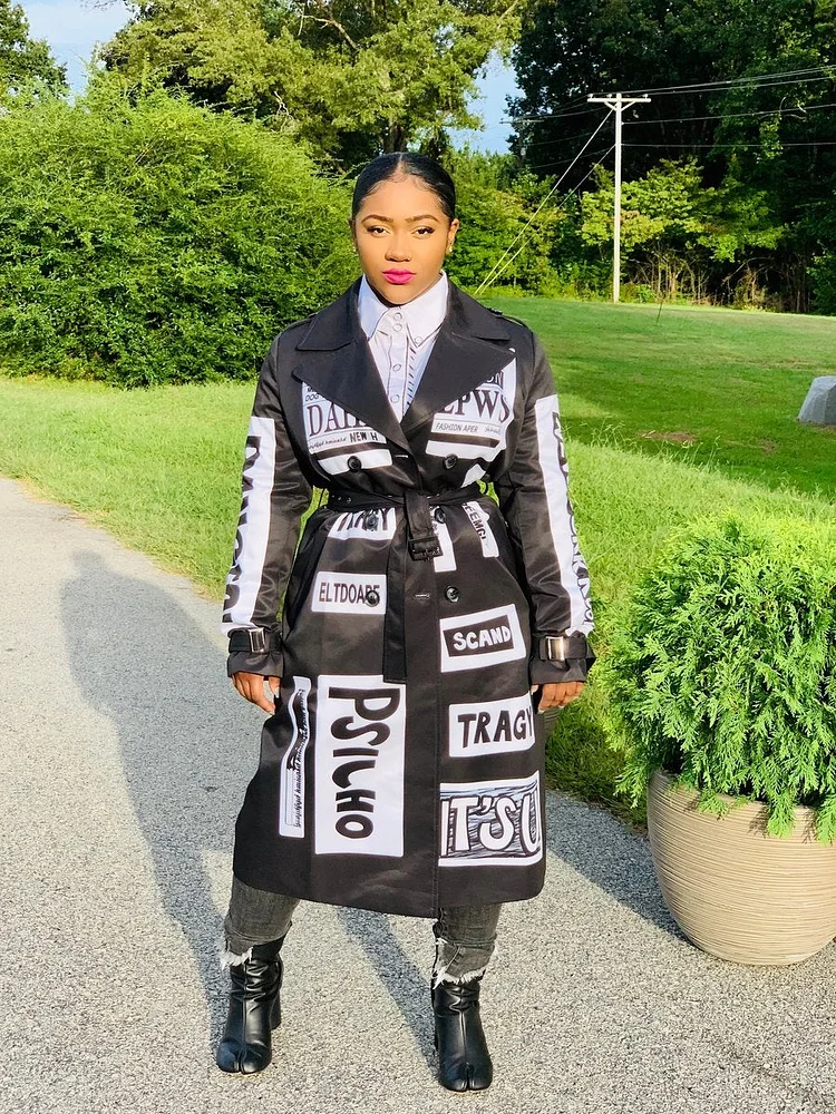 Black Letter Trench Coat Print Long Outerwear
